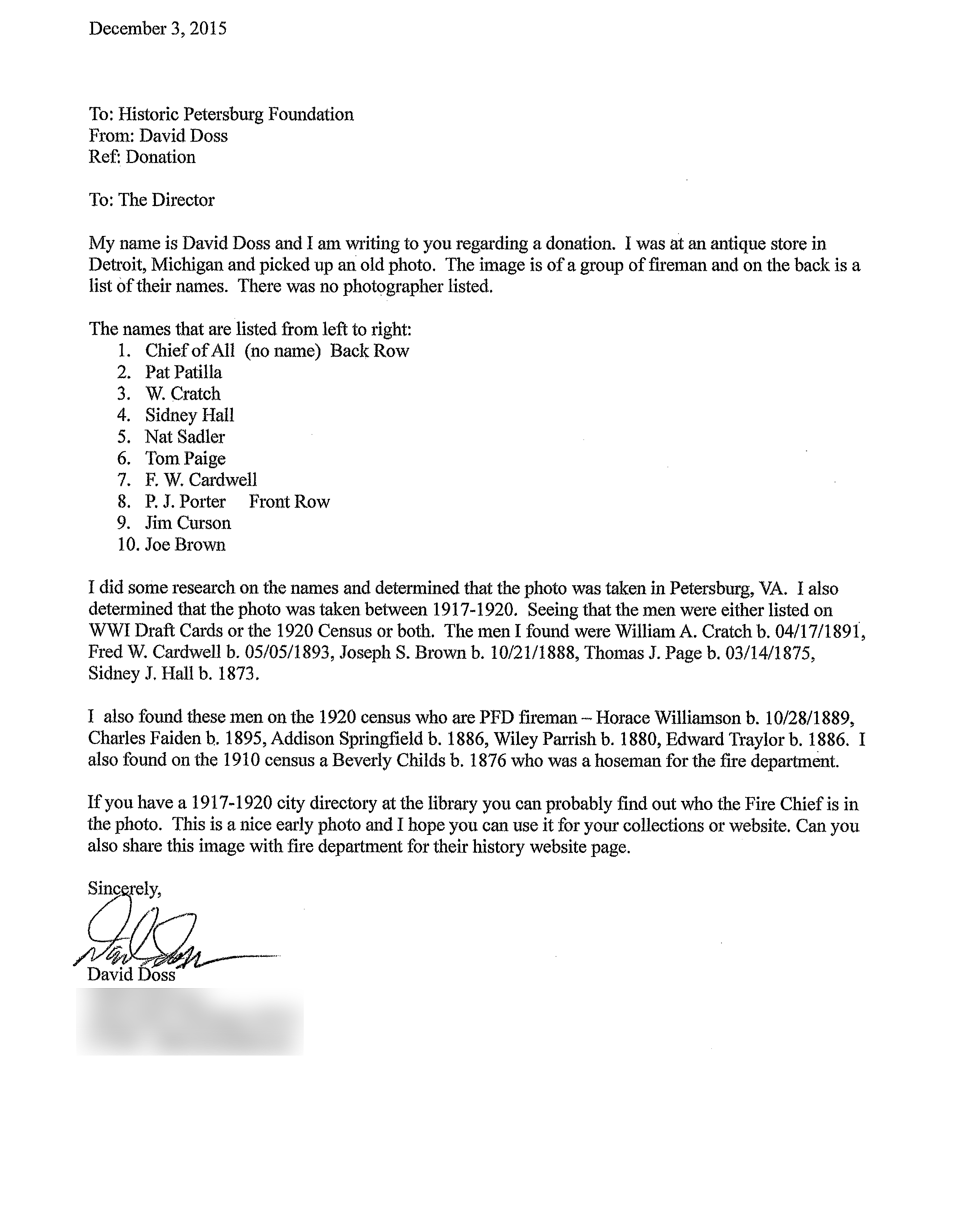 Letter - Petersburg Fire Photograph - 1917